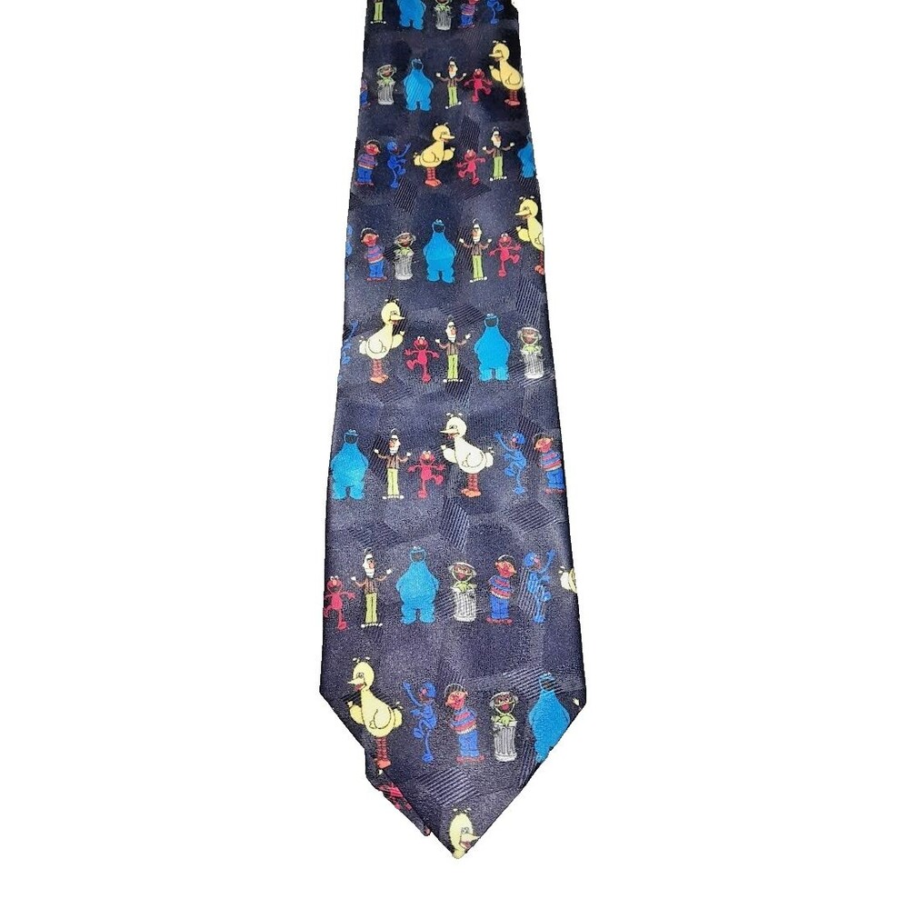 Sesame Street Lineup Big Bird, Grouch , Cookie Men's 100% Polyester Blue Tie 57”